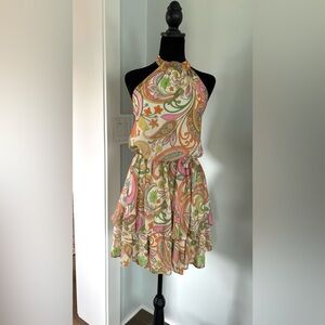 Flying Tomato L halter neck mod floral print ruffle mini dress pastel pink green